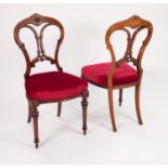 SET OF FIVE VICTORIAN CARVED WALNUT SINGLE DINING CHAIRS, each with moulded, waisted back with