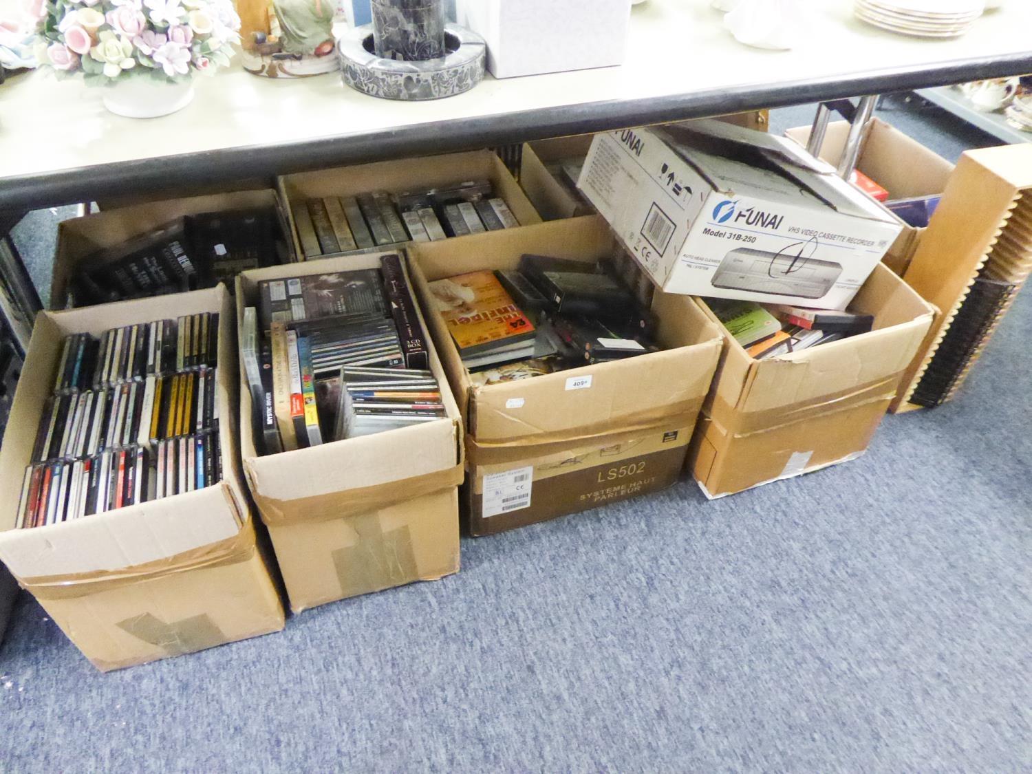 LARGE QUANTITY OF DVD's, CD's AND VIDEO'S (CONTENTS OF 8 BOXES), ALSO A BLUE-RAY PLAYER AND VIDEO