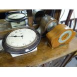 OAK CASED MANTLE CLOCK OF NAPOLEONIC SHAPE, ART DECO STYLE MANTLE CLOCK AND A SMITHS WALL CLOCK