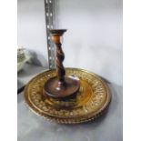 LATE 19TH CENTURY TURNED OAK CANDLESTICK STAND HAVING BARLEY TWIST COLUMN AND A PAIR OF BRASS