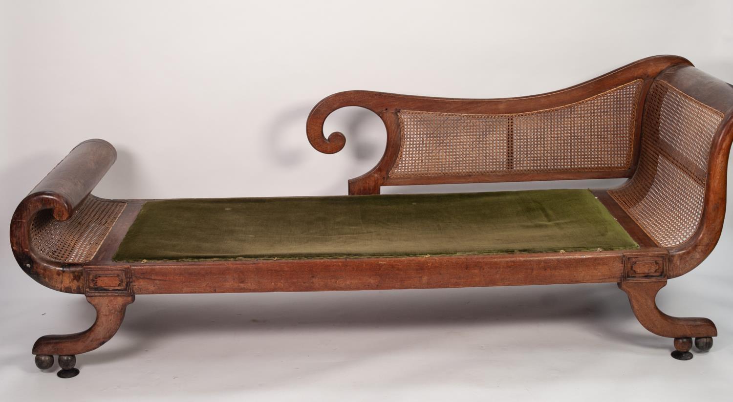 PROBABLY COLONIAL REGENCY TEAKWOOD AND CANED SCROLL END CHAISE LONGUE, with cane work back and seat, - Image 2 of 2