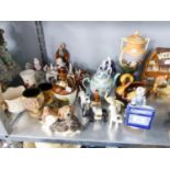 GROUP OF PORCELAIN ORNAMENTS TO INCLUDE MUSICAL FIGURE GROUPS; FIGURINES; DOGS; CHINESE TEAPOT;