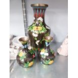 TRIO OF CLOISONNE VASES, ONE LARGE AND A SMALLER PAIR, BLACK GROUND WITH YELLOW AND PINK FLORAL