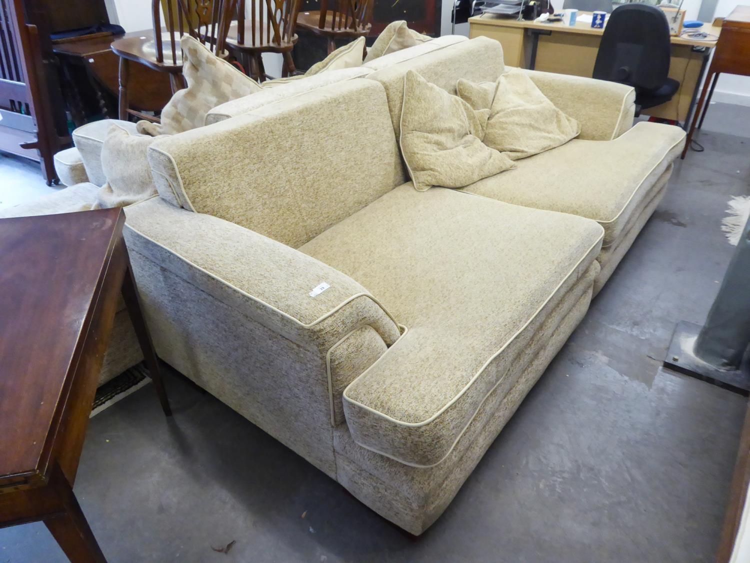 PAIR OF LARGE MODERN SETTEES COVERED IN BEIGE TWEED