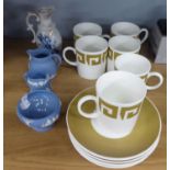 A SET OF SIX KEYSTONE 'SUSIE COOPER' DESIGN COFFEE CUPS AND SAUCERS, THREE PIECES OF WEDGWOOD PALE