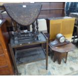 A CARVED OAK DROP LEAF OCCASIONAL TABLE, A TEA TROLLEY AND AN OCTAGONAL TOP LOW TABLE AND A MAHOGANY