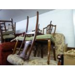A PAIR OF MAHOGANY SHIELD SHAPED BACK DINING CHAIRS WITH TAPESTRY SEATS, ANOTHER WITH INLAID BACK