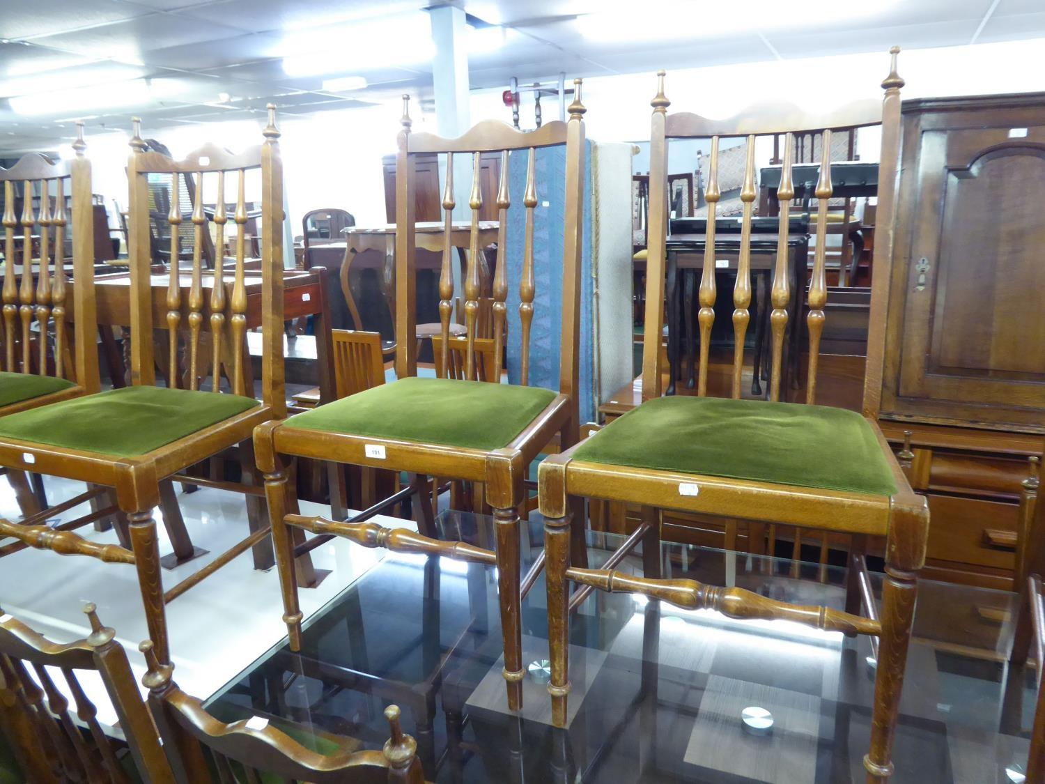 SET OF 10 HARDWOOD SINGLE CHAIRS EACH WITH TALL FIVE SPINDLE BACKS. DROP IN SEATS IN MOSS GREEN - Image 2 of 2