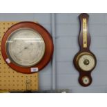 A MODERN ANEROID BAROMETER, IN PINE CIRCULAR CASE AND A BANJO SHAPED BAROMETER (2)
