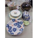 *GROUP OF FOURTEEN WALL PLATES, VICTORIAN 'CHATSWORTH' PATTERN BLUE AND WHITE POTTERY OVAL SAUCE