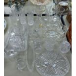 QUANTITY OF GLASSWARES VARIOUS TO INCLUDE; CUT AND MOULDED BOWLS, TRAYS AND DRINKING GLASSES