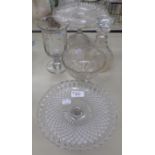 TWO GLASS PEDESTAL CAKE STANDS, NINETEENTH CENTURY DECANTER, VICTORIAN MOULDED PEDESTAL SUGAR BOWL