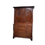 NINETEENTH CENTURY LINE INLAID FIGURED MAHOGANY COMPOSITE CUPBOARD ON CHEST, the moulded cornice