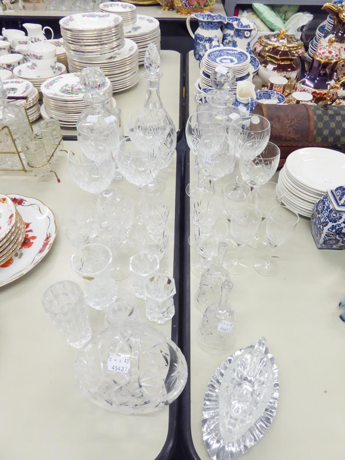 GROUP OF CUT GLASS ITEMS TO INCLUDE THREE DECANTERS, WINE GLASSES, SHERRY GLASSES, A FRUIT BASKET,