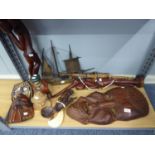 *A CARVED WOODEN NAVITITY, OTHER CARVED FIGURES, A CANADIAN CARVED WOODEN FISH, SALAD SERVERS, SPOON