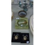 PAIR OF BRASS VERDI GRIS CANDLESTICKS, BRASS BOWL, ONYX SQUARE ASHTRAY, ONYX AND BRASS CIGAR