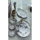 METAL WARES TO INCLUDE; PIERCED GALLERY TRAY, WITH ENAMEL BASE, FLORAL PATTERN, TWO HANDLED
