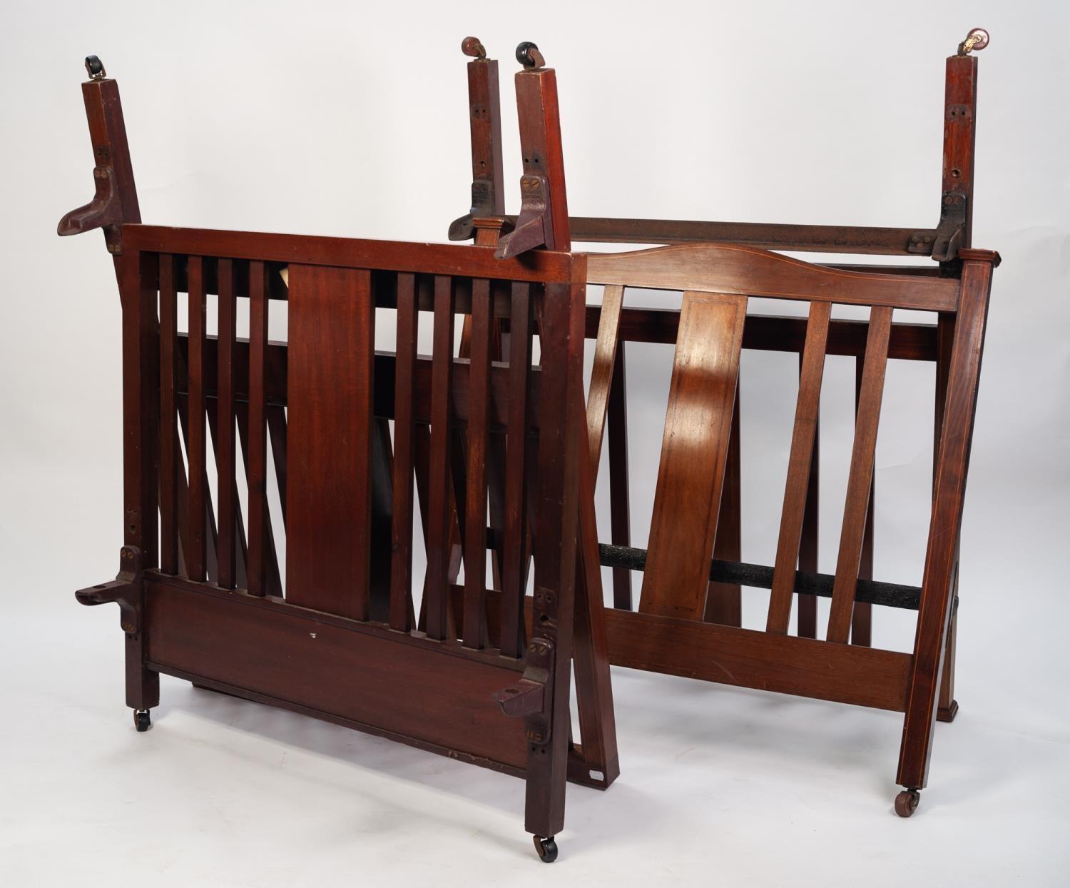 WARING & GILLOWS, TWO SIMILAR EDWARDIAN INLAID MAHOGANY SINGLE BED ENDS, each of slatted form with - Image 2 of 3