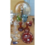 CRANBERRY GLASS ASHTRAY, PAIR OF CRANBERRY GLASS CANDLESTICKS, SMALL CRANBERRY JUG, GREEN JUG, GLASS