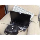 A TOSHIBA 22" LCD TV AND REMOTE, A DVD PLAYER, A SONY PORTABLE RADIO/CD PLAYER, AN ELECTRIC HEATER