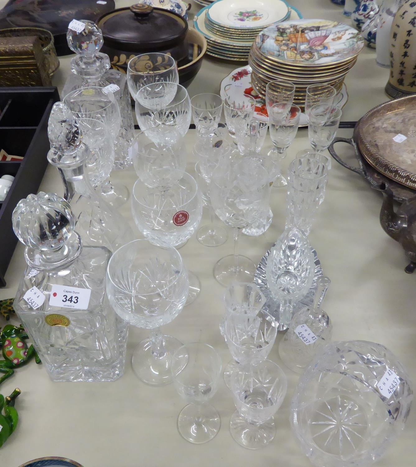 GROUP OF CUT GLASS ITEMS TO INCLUDE THREE DECANTERS, WINE GLASSES, SHERRY GLASSES, A FRUIT BASKET, - Image 2 of 2