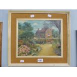 EDITH FISH OIL PAINTING ON BOARD RIVERSIDE COUNTRY HOUSE SIGNED LOWER RIGHT 10" X 12"