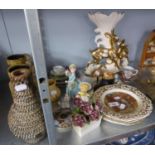 RACK PLATES AND SUNDRY ORNAMENTS, A POTTERY BOTTLE, AN ITALIAN PORCELAIN CORNUCOPIA SHAPED VASE WITH