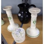 THREE PIECES OF EARLY TWENTIETH CENTURY MINTONS 'CAMEO' PATTERN, TWO CANDLE HOLDERS, SMALL JAR AND