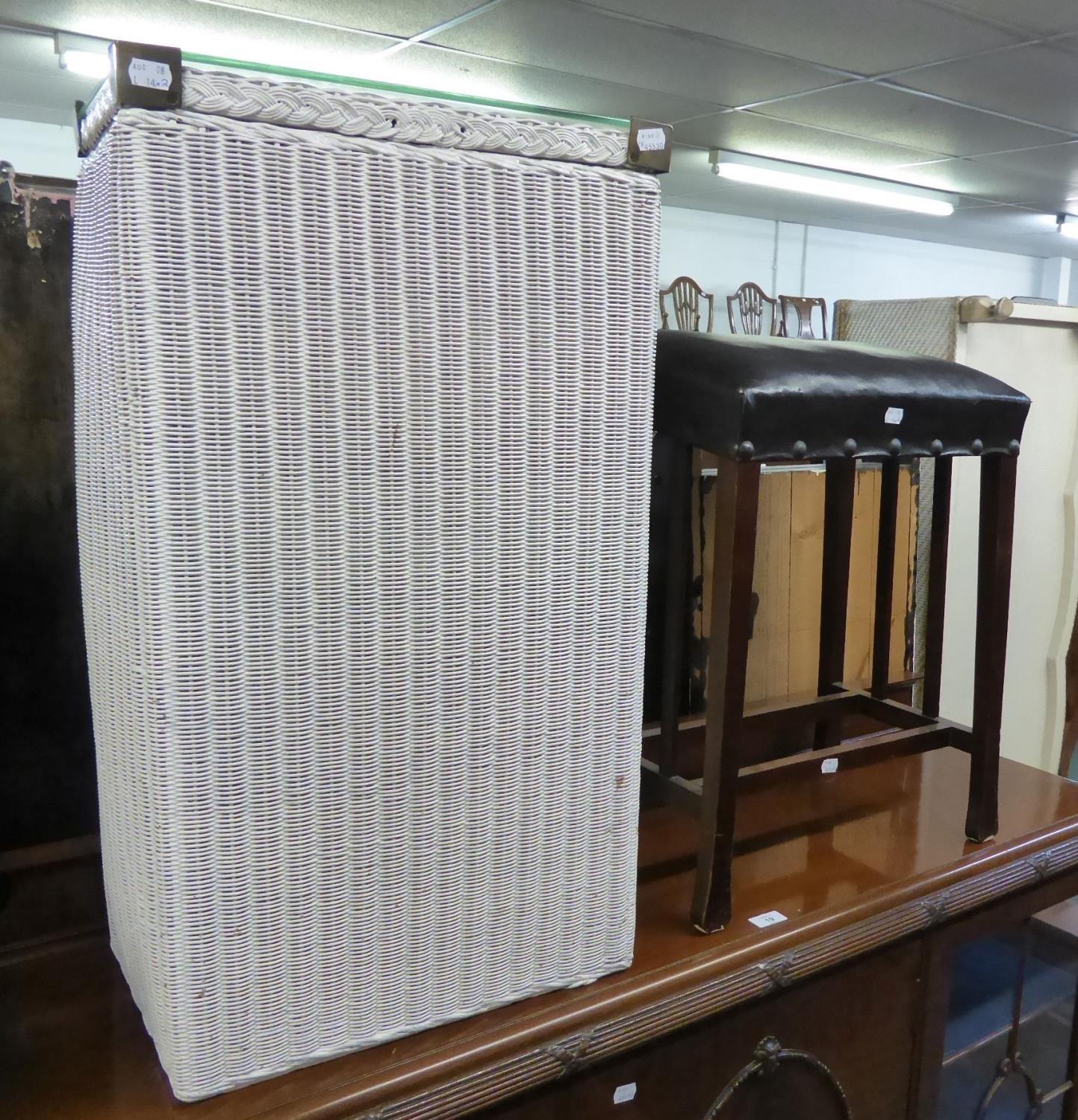 MAHOGANY BEDROOM SINGLE CHAIR WITH CANE SEAT, A WHITE LLOYD LOOM LINEN RECEIVER AND A STOOL (3) - Image 3 of 4