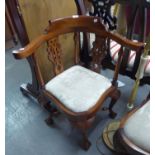 EIGHTEEENTH CENTURY CARVED MAHOGANY CORNER ARMCHAIR WITH DROP IN SEAT