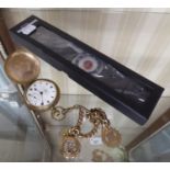 THOMAS RUSSELL PLATED POCKET WATCH AND CHAIN, SMALL MODERN FOB WATCH AND A MODERN WRIST WATCH (3)