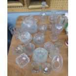 QUANTITY OF GLASS VARIOUS TO INCLUDE; MOULDED DISHES, CELERY VASE, AVOCADO DISHES, JUGS ETC.
