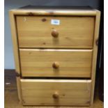 *PINE 3 DRAWER BEDSIDE CABINET, SMALL MILKING STOOL, PLASTIC STORAGE CHEST AND TWO PLASTIC TRAYS