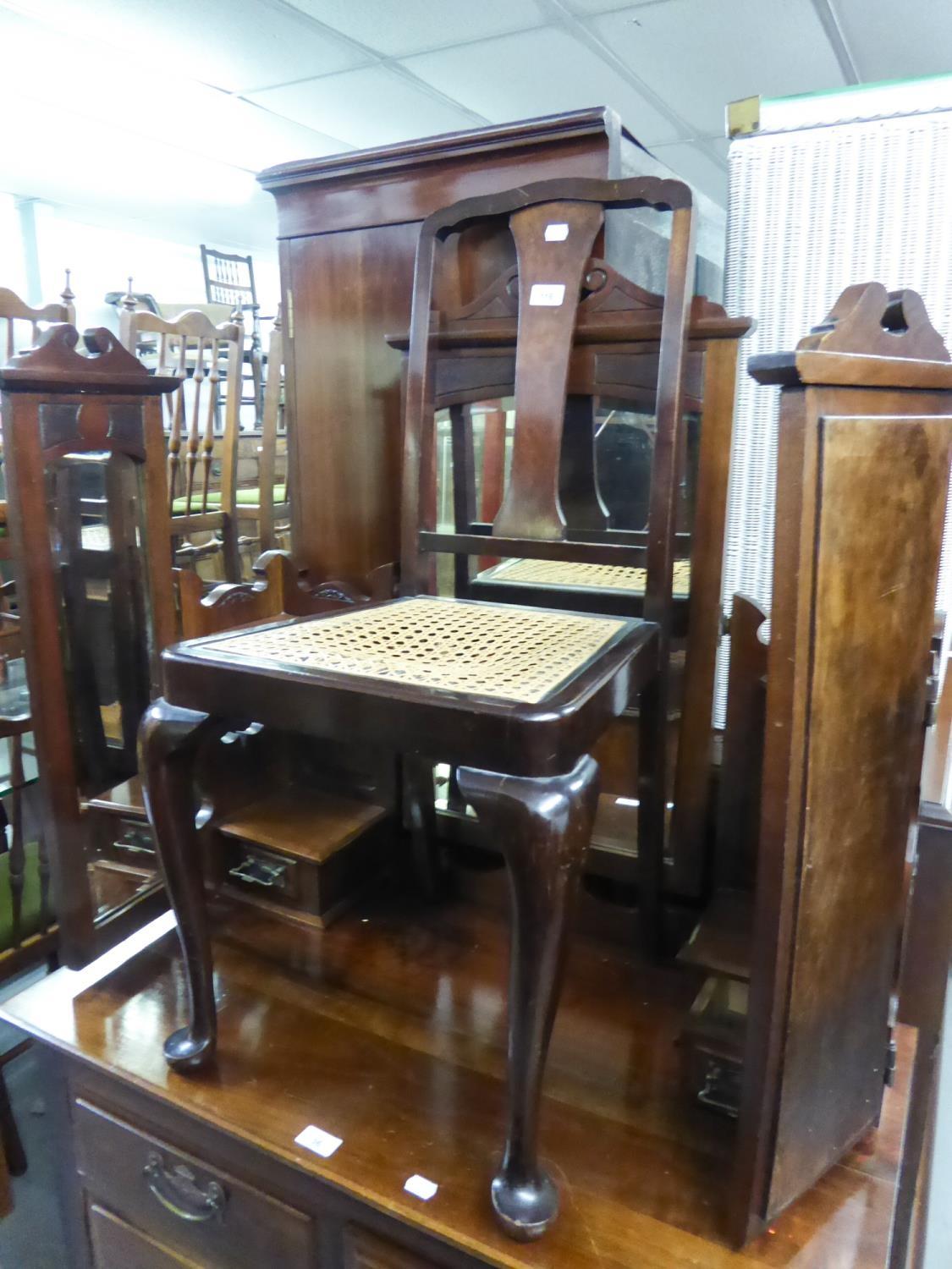 MAHOGANY BEDROOM SINGLE CHAIR WITH CANE SEAT, A WHITE LLOYD LOOM LINEN RECEIVER AND A STOOL (3)