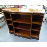 A REPRODUCTION BURR WALNUTWOOD BREAKFRONT BOOKCASE, SOLID TOP WITH INLAY OVER TWO SHELVES, ON