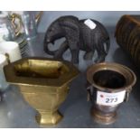 AN OLD CHINESE BRASS SMALL VASE, 3 1/2" HIGH AND A CARVED EBONY ELEPHANT, AND A VINERS OF
