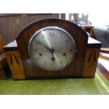 AN ART DECO INLAID WALNUTWOOD CASED 8 DAYS CHIMING AND STRIKING MANTEL CLOCK