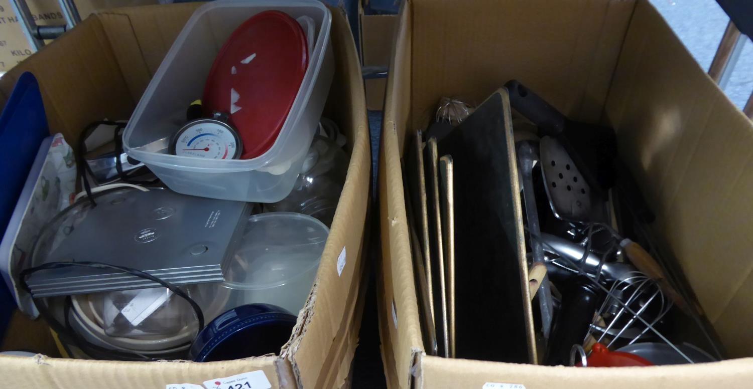 TWO BOXES OF KITCHENWARES, TABLE MATS ETC.....