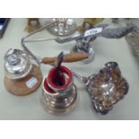 ELECTROPLATE ITEMS TO INCLUDE; 'MALTESE FALCON' ORNAMENT, A WINE FUNNEL, NAKPIN RINGS, A LARGE SHAPE