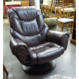 A DARK BROWN LEATHER ADJUSTABLE SWIVEL LARGE GOOD QUALITY ARMCHAIR