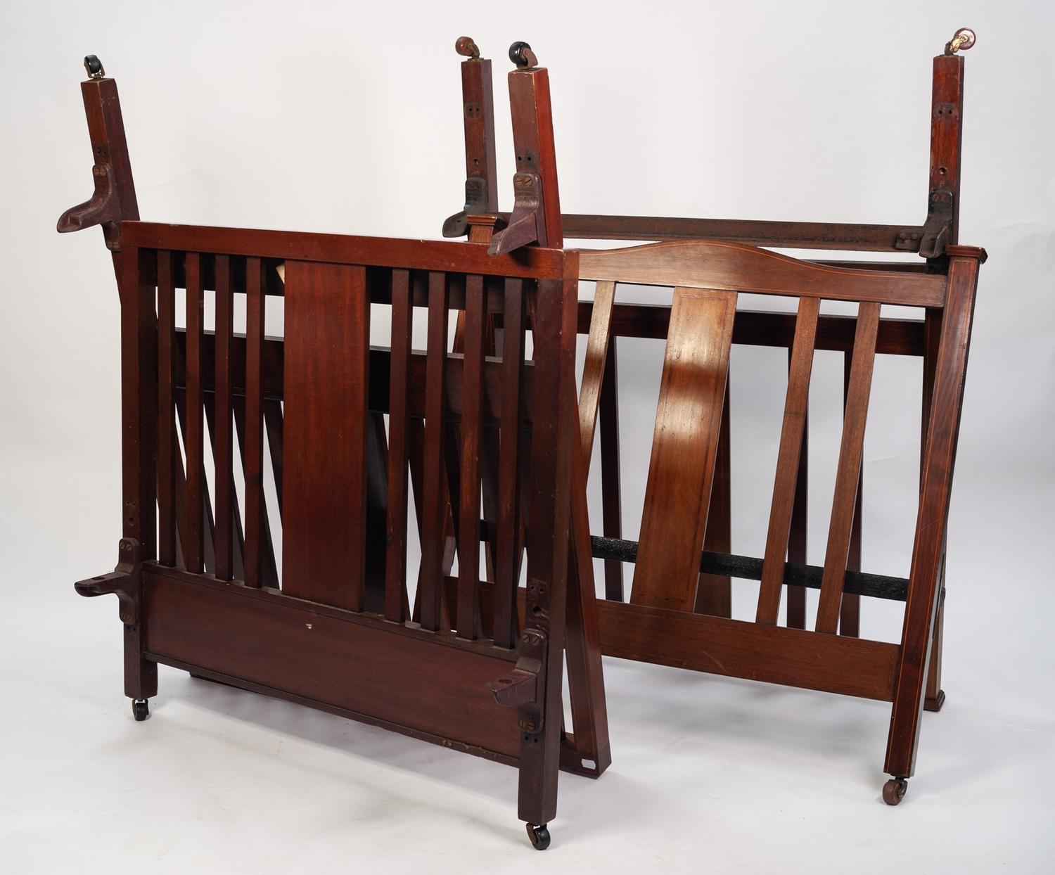 WARING & GILLOWS, TWO SIMILAR EDWARDIAN INLAID MAHOGANY SINGLE BED ENDS, each of slatted form with