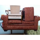 TWO SEATER SETTEE AND MATCHING POUFFE IN RED CHENILLE UPHOLSTERY (IN GOOD CLEAN CONDITION) AND THROW