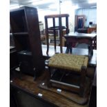 A MID TWENTIETH CENTURY OAK SHAPED TRAY, A FOOTSTOOL WITH RUSH TOP, A CIRCULAR BENTWOOD STOOL,