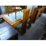 MODERN TEAK DINING TABLE WITH FROSTED GLASS INSET TO TOP AND FOUR RICHARD BUTLER DINING CHAIRS