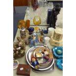 *GERMAN BEER STEIN, TWO LARGE BROWN BRANDY BALLOON GLASSES AND OTHER ITEMS, A SET OF TWO HEAVY GEODE