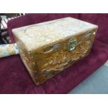 A CARVED CAMPHOR PETITE CHEST WITH BRASS LOCK (A.F.)