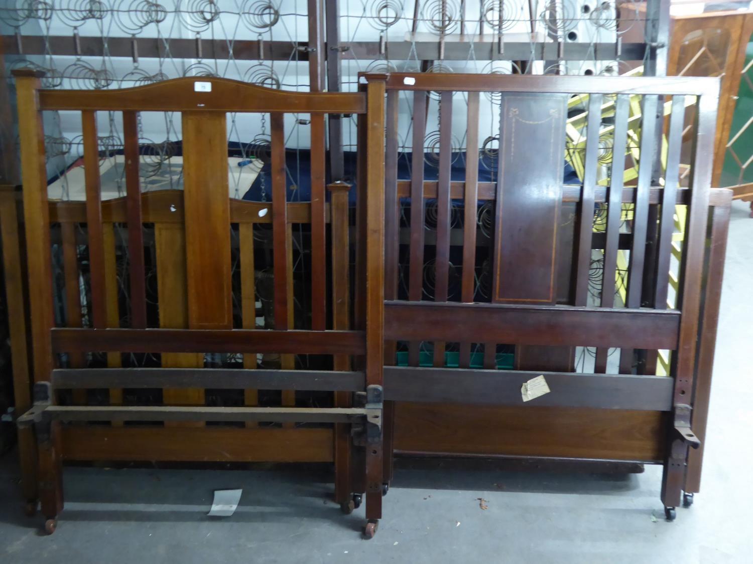 WARING & GILLOWS, TWO SIMILAR EDWARDIAN INLAID MAHOGANY SINGLE BED ENDS, each of slatted form with - Image 3 of 3