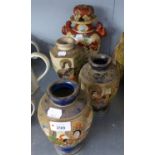 A PAIR OF JAPANESE SATSUMA PORCELAIN VASES AND ANOTHER AND A LARGE JAPANESE POTTERY VASE AND