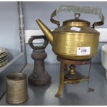 SESSESSIONIST BRASS TEA KETTLE ON SPIRIT BURNER STAND, A LARGE BELL WEIGHT AND PEWTER MEASURE