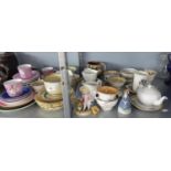 A SELECTION OF DECORATIVE CUPS AND SAUCERS, A MINIATURE ROYAL WORCESTER BASKET, AND VAROUS OTHER